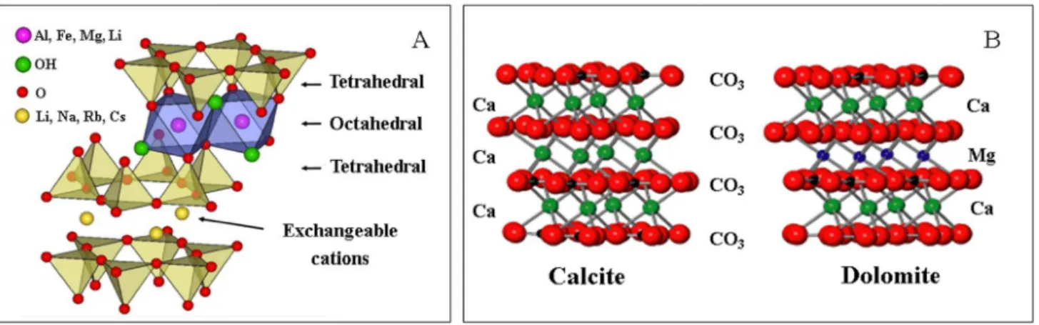 Figure 1. Structure of minerals: smectite-type clay (a), calcite and dolomite (b), adapted from references 35.