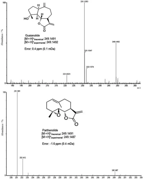 Figure 3. Mass spectra recorded in the positive MS E  mode for guaianolide and parthenolide (500.0 µg mL -1 ) of the dichloromethane fraction of the  hydroalcoholic extract obtained of commercial powder of aerial parts of T
