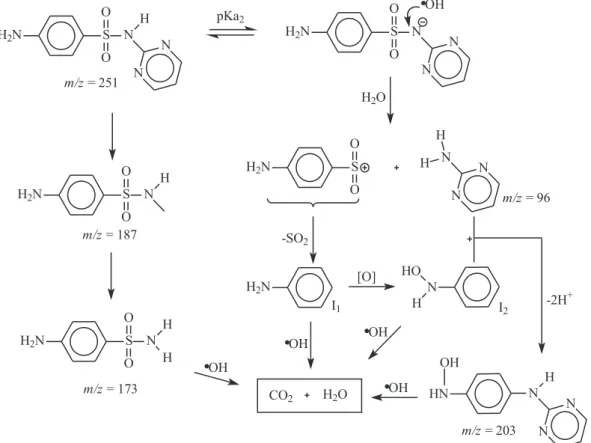 Figure 6. Main reaction pathway proposed for the SDZ electrochemical degradation. [SDZ] 0  = 250 mg L -1 , pH 7, i = 36 mA cm -2  and flow rate = 5.0 L min -1 