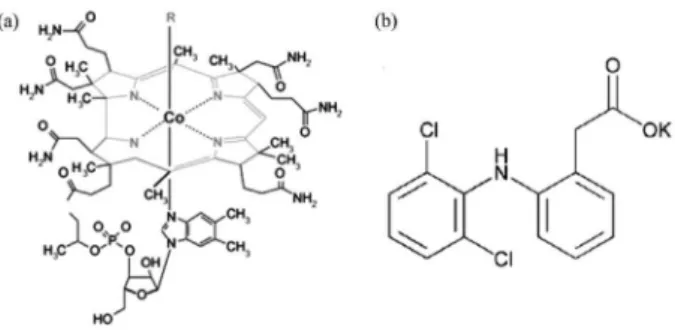Figure 1. Molecular structures of VitB 12  (a) and DFK (b).