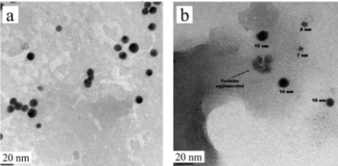 Figure 1 shows TEM images of gold and silver  nanoparticles obtained in this work. One can observe  the formation of nearly spherical nanoparticles for both  samples (identified by energy dispersive spectroscopy -  not shown)