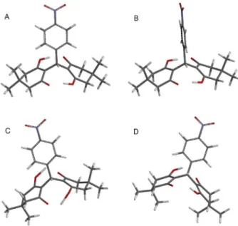 Figure 6. Conformations of compound 3e by rotation of the aromatic  ring (A and B) and oscillation of the sp 3  atoms of the dimedone rings  (A, C and D).