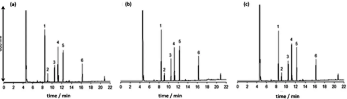 Figure 5. Fatty acids chromatograms obtained from liver rat. (a) Control group, (b) Intermediate group and (c) Final group
