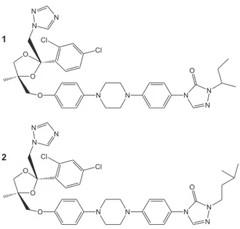Figure 1. Chemical structure of itraconazole (1-R051211) and internal  standard (2-R051012).