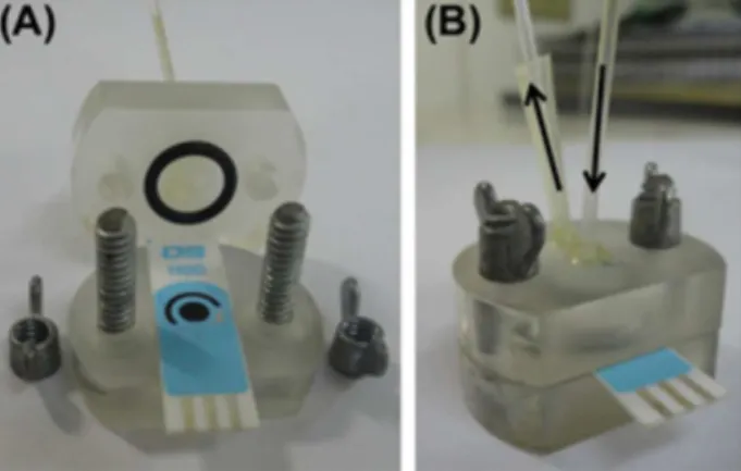 Figure 1. Image of the homemade wall-jet flow-cell for SPEs. (A)  Disassembled flow cell; (B) Assembled flow cell