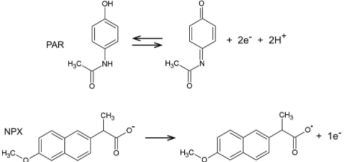 Figure 3. Mechanism of oxidation of paracetamol (PAR) and naproxen  (NPX) according to the literature
