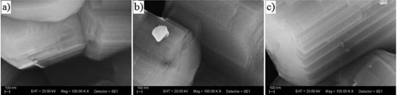 Figure 4. Scanning electron micrographs of samples: (a) Nb 2 O 5 :La (1.0%) ; (b) Nb 2 O 5 :La (0.9%) Eu (0.1%) ; and (c) Nb 2 O 5 :La (0.7%) Eu (0.3%)  treated at 1200 °C.