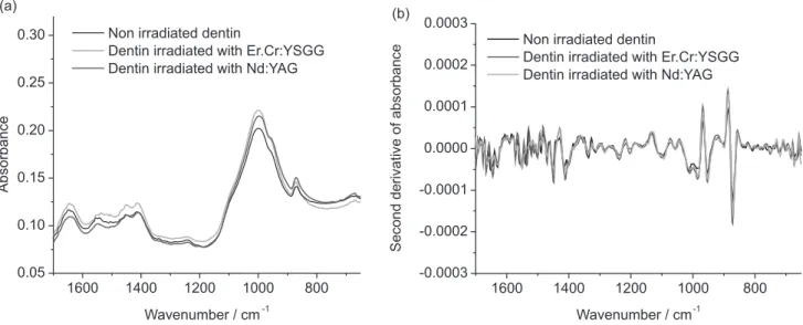 Figure 3. (a) Means of infrared spectra (1700-600 cm − 1 ) obtained after the treatments proposed for dentin (spectra normalized by phosphate band); (b)  second derivative of the same spectra.