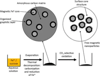 Figure 1. Schematic preparation of the Fe/carbon bulky composite  followed by selective oxidation with CO 2  to produce the free Fe/C  nanoparticles.