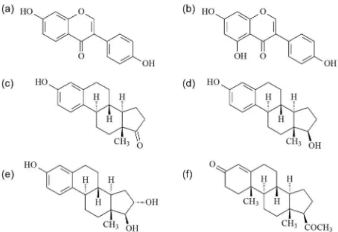 Figure 1. Molecular structure of (a) daidzein; (b) genistein; (c) estrone; 