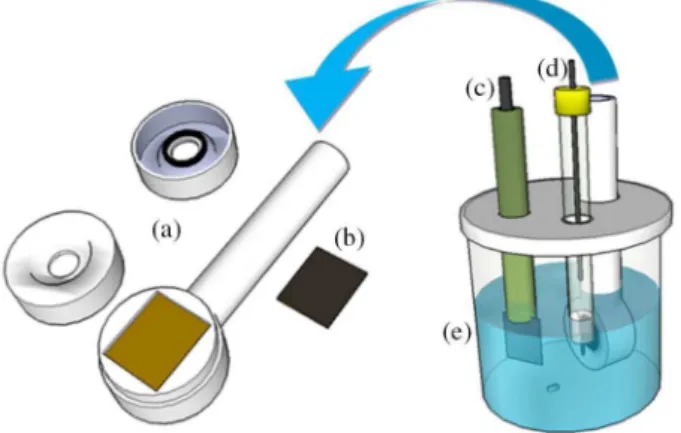 Figure 1. Schematic illustration of (a) the Teflon pipe with an O-ring  seal (geometric area defined by the O-ring of 0.69 cm 2 ) used to hold  (b) the BDD electrode (0.69 cm 2  exposed area), (c) counter electrode,  (d) reference electrode, and (e) glass 