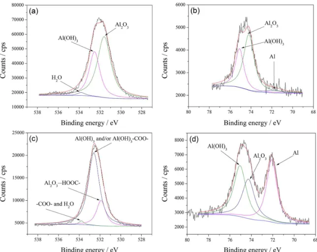 Figure 8. X-ray photoelectron spectra for AA2024 surface exposure in 0.1 mol L -1  NaCl solution with and without C 17 H 33 COONa