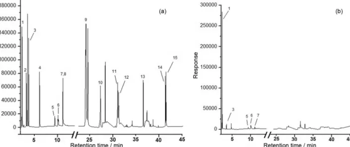 Figure 6. Chromatograms obtained by GC-MS-SIM from tap water samples. (a) Chromatogram obtained from tap water sample spiked with 20 µg L -1  of  THM, 5 µg L -1  for benzene, ethyl benzene and xylenes; and 10 µg L -1  of PAH