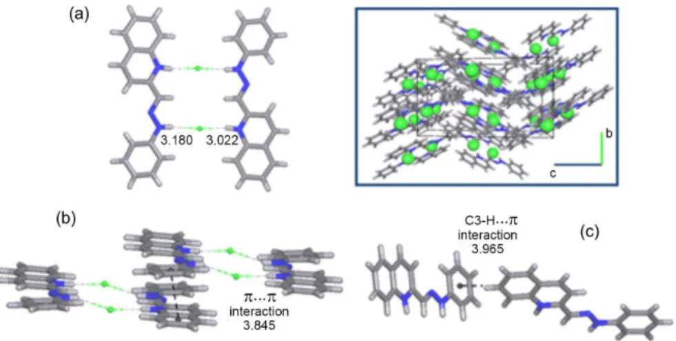 Figure 2. Representation of the (a) N−H···Cl, (b) π···π and (c) C−H···π supramolecular interactions for the compound 2-E (inset: [100] crystalline packing).