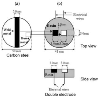 Figure 1. Schematic representation of the double electrode for  electrochemical analysis: (a) carbon steel disk cut in half and welded; 