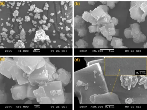 Figure 3. SEM images showing the cubic morphology (a, b, c and d) and porous plane (inset of image d) of the Ag-Sn/CeO 2  nanocatalysts