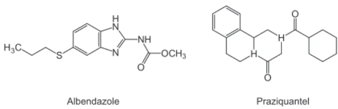 Figure 1. Chemical structures of albendazole and praziquantel.