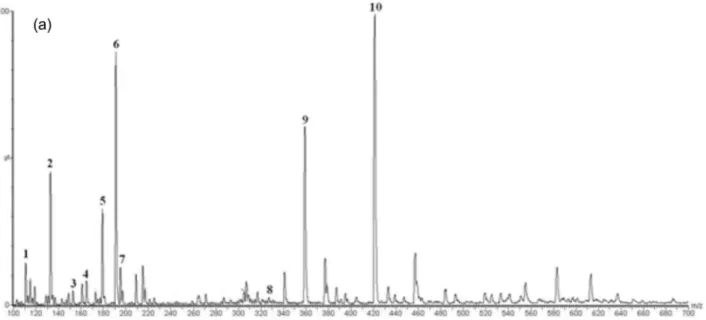 Figure 4. MS profiles of the obtained phenolic compounds for two different antioxidant extraction conditions [spectrum (a) = sample 7 and  spectrum (b) = sample 20], which were used on PTOCO system