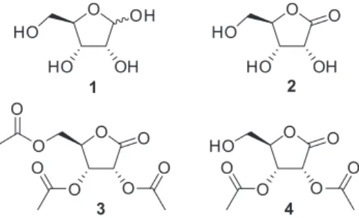 Figure 1. Structures of  D -ribose (1),  D -ribono-1,4-lactone (2), 2,3,5-tri- 2,3,5-tri-O-acetyl- D -ribonolactone (3) and 2,3-di-O-acetyl- D -ribonolactone (4).