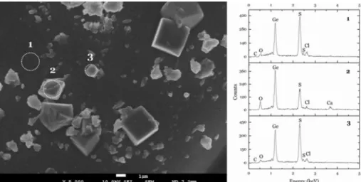 Figure 4. Crystals observed in the SEM image of a selected region of the surface of Geprop 1 (5,000×, left) and EDS spectra of selected points (right).