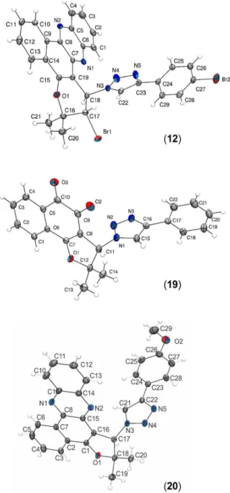 Figure 2. ORTEP-3 projections of molecules 12, 19 and 29 showing the  atom-numbering and displacement ellipsoids at the 20% (for 12 and 19)  and 50% (29) probability level.