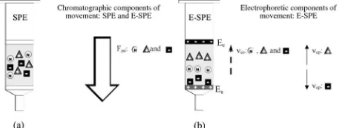 Figure 1. Hypothetical distribution of (N) neutral, (+) cationic and  (-) anionic compounds with similar affinities for the sorbent in  (a) conventional solid phase extraction (SPE) and in (b) electric  field-assisted solid phase extraction (E-SPE)