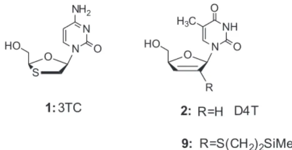 Figure 1. Structures of thionucleosides Lamivudine (3TC), stavudine  (D4T) and compound (9)