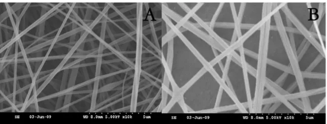 Figure 2. SEM images of (A) SDSn incorporated PS nanofibers and (B) PS nanofibers.