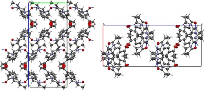 Figure 2. Packing of the C 16 H 20 N 2 O 2  compound viewed along [100] and [010] directions, showing hydrogen bonded chains of molecules.