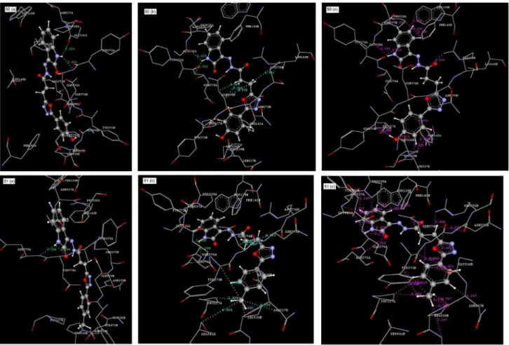 Figure 2. Molecular docking results for compound 50 (above) and 51 (below): (a) hydrogen bond interaction; (b) hydrophobic interaction; (c) Van der  Waals interaction.