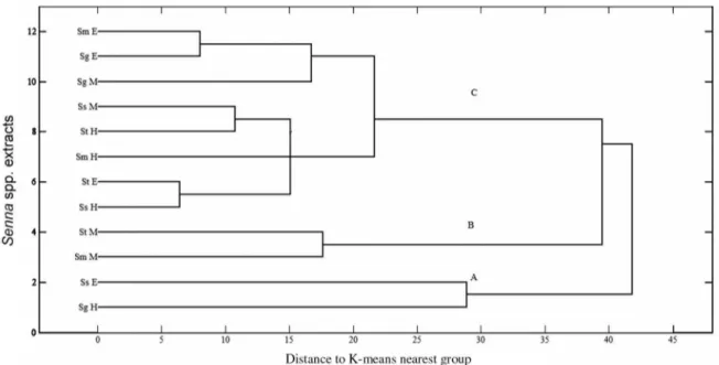 Figure 3. Dendrogram of HCA of the extracts from leaves of Senna spp. Cluster A = 2 samples (cytotoxic to HCT-116 and SF-295 cell lines); 