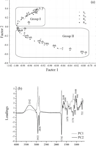 Figure 5. (a) PC1 × PC2 score plot; (b) their loading plot for the FTIR  extract spectra obtained from green beans of C