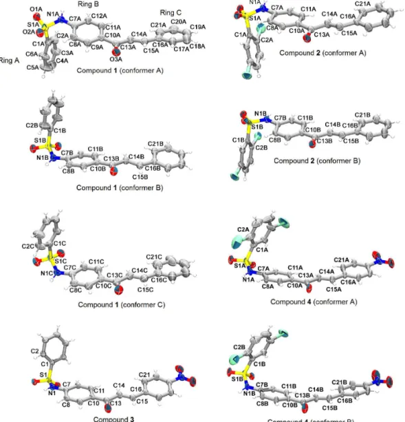 Figure 3. The conformers present in the asymmetric units of sulfonamide chalcones crystallographically elucidated in this study