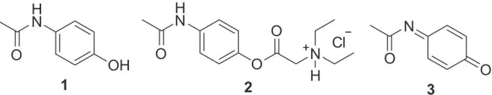 Figure 1. Structures of acetaminophen (1), propacetamol (2) and toxic metabolite NAPQI (3).