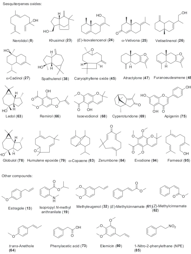 Figure 7. Structures of major constituents of EOs-sesquiterpenes oxides and other compounds