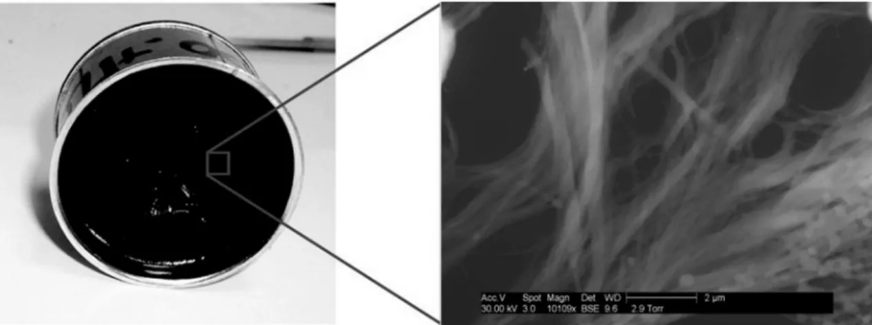 Figure 7. Photograph and scanning transmission electron microscopic image of a mixture of 6 wt.% dodecanedioic acid in bitumen at room temperature  (from reference 57; copyright American Chemical Society