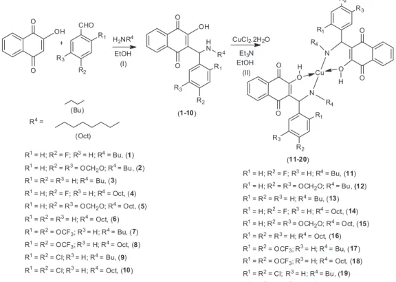 Figure 1. Synthesis of Mannich bases 1-10 and of complexes 11-20. Reagents and conditions: (I) EtOH, aliphatic amine (butylamine or octylamine,  1.1 equiv.), benzaldehydes (1.1 equiv.), stirred for 12 h, room temperature; (II) EtOH, TEA, CuCl 2 .2H 2 O (0.