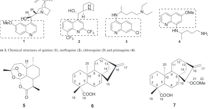 Figure 2. Chemical structures of the terpenoids artemisinin (5), kaurenoic acid (6) and xylopic acid (7).