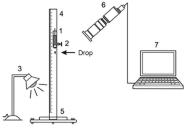 Figure 1. Scheme of the experimental apparatus used to generate the  drops and image acquisition: (1) fluid reservoir tube (burette); (2) valve  to release drop; (3) lighting system; (4) ruler; (5) impact base; (6) camera  and (7) computer