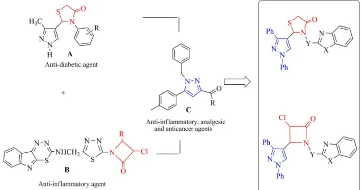 Figure 1. The pharmacophore hybridization process. (A) Thiazolidine-4-one ring; (B) azetidin-2-one; (C) pyrazole ring.