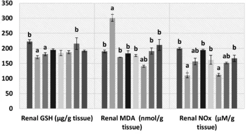 Figure 5. Renal contents of GSH, MDA, and NOx of compounds 3a, 3b, 5a, 7a, 8a, and 8b