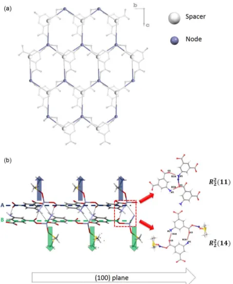 Figure 4. (a) Simplified view of the compound 1 showing the honeycomb-type network and (b) intermolecular hydrogen bonds (dashed lines) that connect  layers A and B