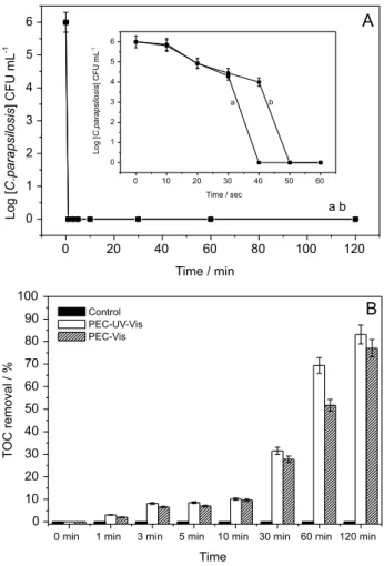 Figure 8. (A) Microbial count for photoelectrocatalytic disinfection of  1.0  ×  10 6  CFU mL -1  C