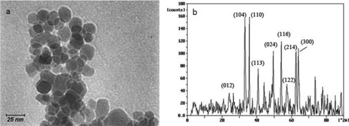 Figure 3. (a) TEM images of iron oxide nanoparticles; (b) XRD pattern of  α -iron oxide nanoparticles.