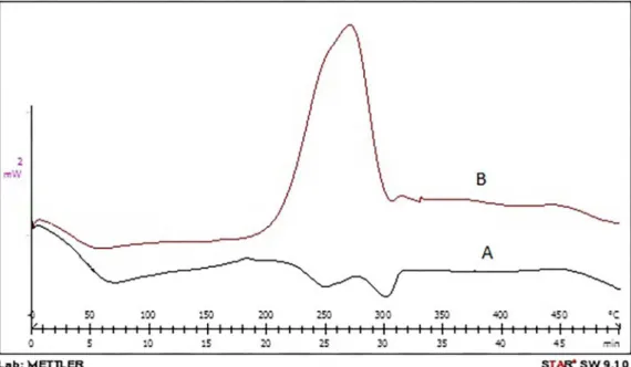 Figure 5. DSC thermogram of (A) α-Fe 2 O 3  and (B) PA-IONPs.