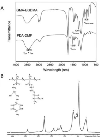 Figure 3. (A) FTIR and (B)  13 C NMR spectra of the GMA-co-EGDMA  modified by PDA.