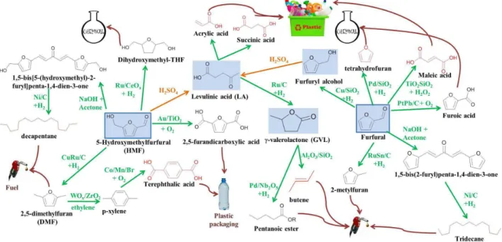 Figure 6. Some of the products obtained from platform molecules (blue background) and their potential applications