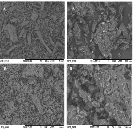 Figure 3. Scanning electron microscopy images amplified (left column) 100 times and (right column) 500 times of the (A) raw material (TAN) and  (B) magnetized biochar (MB).