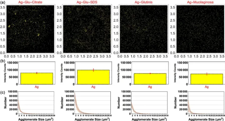 Figure 2. (a) Examples of maps used in the quantitative analysis of coatings formed on SiO 2 /Si substrates by using synthetic (Ag-Glu-Citrate and  Ag-Glu-SDS) and biogenic (Ag-Glutinis and Ag-Mucilaginosa) silver nanoparticles