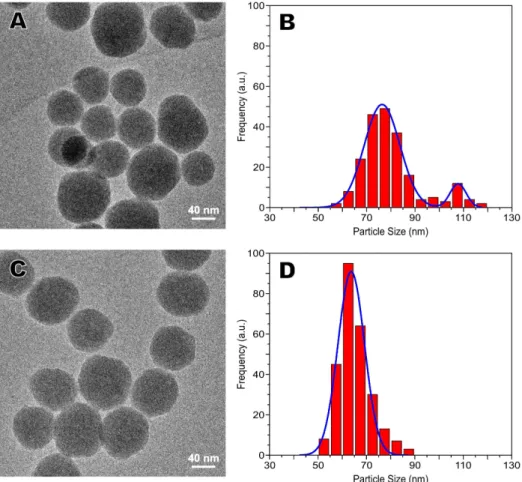 Figure 1. TEM images of (A) CCM/SiO 2 -NH 2 -200 and (C) CCM/SiO 2 -NH 2 -400 nanoparticles